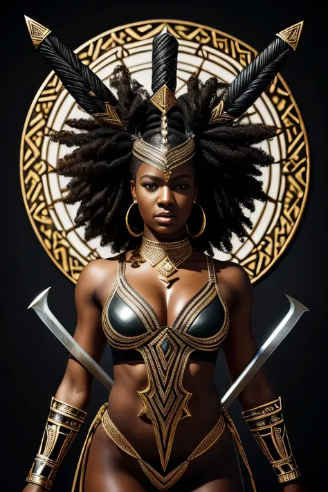 In this captivating half-body shot, a resplendent black woman is prominently featured against a backdrop of spears and swords artfully arranged in a circular formation. She is elegantly attired in metallic African-inspired clothing that gleams under the bl...