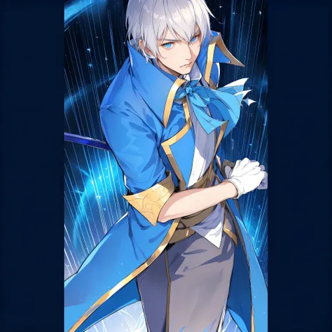 anime character with blue hair and blue coat holding a sword, okita sougo, tall anime guy with blue eyes, Cute androgynous prince, portrait of the magical blond prince, artoria pendragon, anime style like fate/stay overnight, delicate androgynous prince, (...