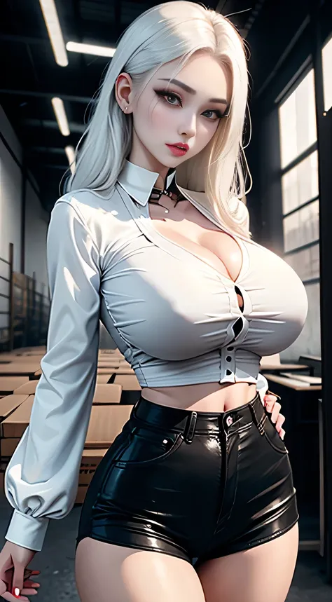 sfw, dim lit warehouse, pale skin demon woman, wearing white blouse and black shorts, evil seductive vibe, white hair, ((skinny waist)), young asian girl, ((big breasted)),