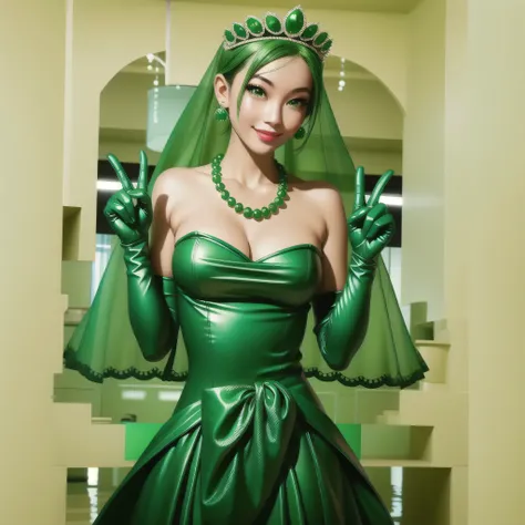 Emerald tiara, Green Pearl Necklace, Boyish very short green hair, Green Lips, Smiling Japanese woman, Very short hair, Busty beautiful lady, Green Eyes, Green satin long gloves, Green Eyes, Emerald Earrings, Green veil, All, Green Hair, Beautiful Japanese...