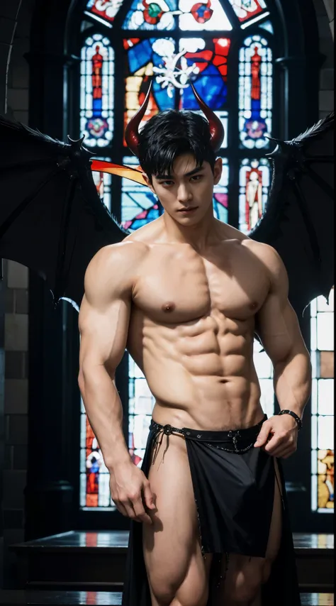 Korean, masterpiece, realistic, photographic, 1boy, a sexy young Roman Catholic priest turning into a hot male demon with red skin, black hair, glowing red eyes, long black claws on his fingers and large horns as well as a massive demonic wingspan, he is w...