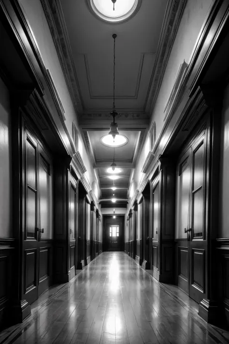 An old black and white photo of a mental hospital from the 1900s, with imposing architecture and a somber atmosphere, evoking a sense of oppression and mystery."
