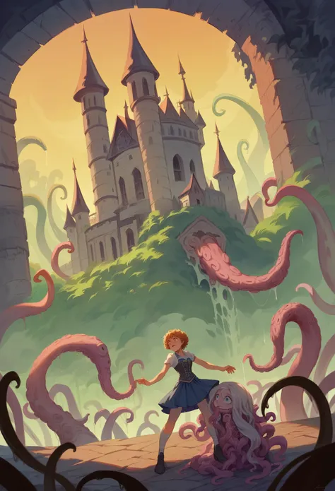 tall stately knight with curly curly hair in a corset, Middle Ages, Castle in the background, ((masterpiece)), ((Best quality)), (ultra detailed),(monster),(((many slippery tentacles wrap around the body and climb under the skirt)),