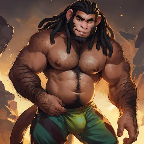 SemiMuscular, male middle aged, belly, (anthro monkey:1.3), thin beard, dark brown skin,((hairy torso, hairy arms,):1.5), hairy belly, pole dancing:1.2, dynamic light, shirtless, dreadlocks, brown and green hair and beard, harem pants, bulge, extremely hot...