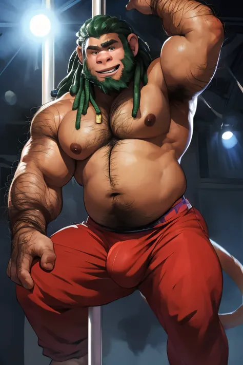 SemiMuscular, male middle aged, belly, (anthro monkey:1.3), thin beard, dark brown skin,((hairy torso, hairy arms,):1.5), hairy belly, pole dancing on a stage:1.2, dynamic light, shirtless, dreadlocks, brown and green hair and beard, harem pants, bulge, ex...