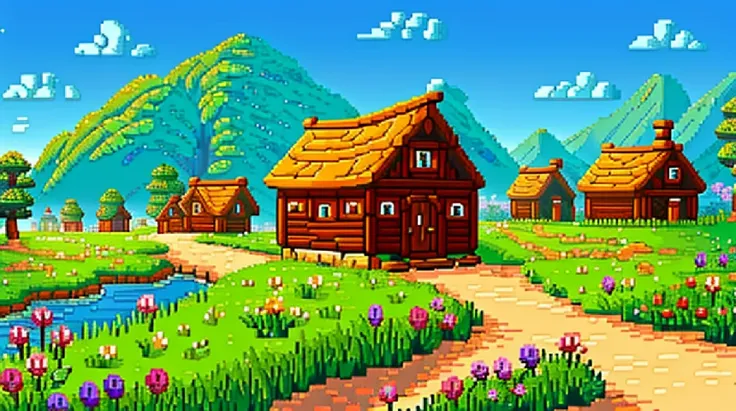 background, a small village on the outskirts of the kingdom. simple, with small houses, beautiful view, in the style of game of ...