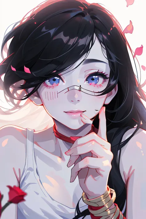 best quality, masterpiece, highly detailed,1girl, ((rose)), (vine), cage, bandage, red rope, (detail light), falling rose petals, Boa Hancock, , (masterpiece:1.5), Detailed Photo, Smiling, Sexy, (8K, Best Quality: 1.4), (1girl), Beautiful Face, (anime rea...
