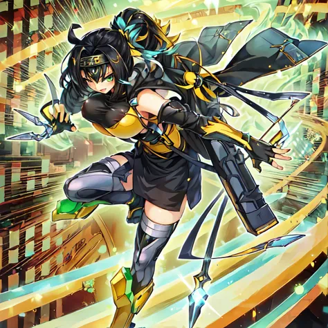 anime character with black hair,shinobi,anime art, yellow bikini, yugioh artwork, high detailed official artwork,large breasts1 girl, solo,green eyes,