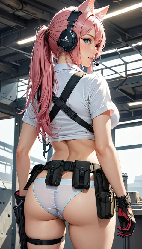 (Beautiful mercenary girl: 1.5), pretty girl, pretty face, sexy girl, young girl, 20 years old, pink hair, blue eyes, beautiful smile, long hair, straight hair, big breasts, very thin waist, wide hips, gap between thighs, (she is wearing a white top, short...