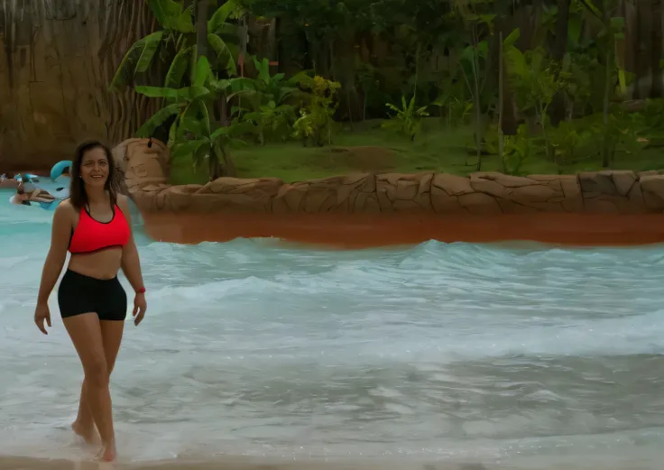 there is a woman in a red bikini walking in the water, red sand, red sand beach, red!! sand, next to a tropical pool, very close to real nature, jungles in the background, at a tropical beach, stands in a pool of water, water park, intimidating floating sa...