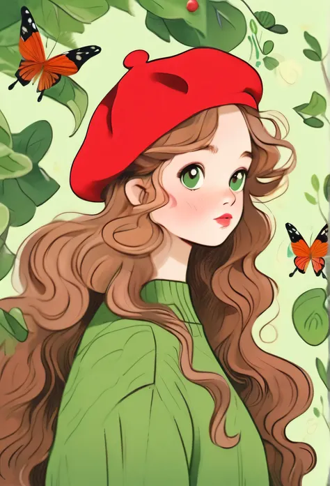 girl portrait，exaggerated expression，red beret，Loose big green sweater，Long curly hair，apple，Butterfly，Tree，clean background，hand drawn style，，pencil drawing，cute，smooth lines，clean screen