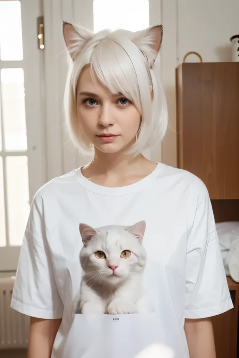 1 girl, it will be, I look at the viewer, White hair, Nothing, Cat&#39;s ears, cat tail, White shirt, open clothes, Russian city, ba-broad