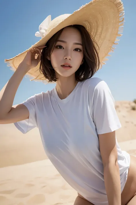 Jang Gyu-ri,1 woman, dynamic angle, From the golf course view, full body view, white golf short sleeve t-shirts, Light Tracing, (long hair blowing in the wind), hot sun, (white baseball cap),professional model, (realistic:1.4), official art, fractal art,un...