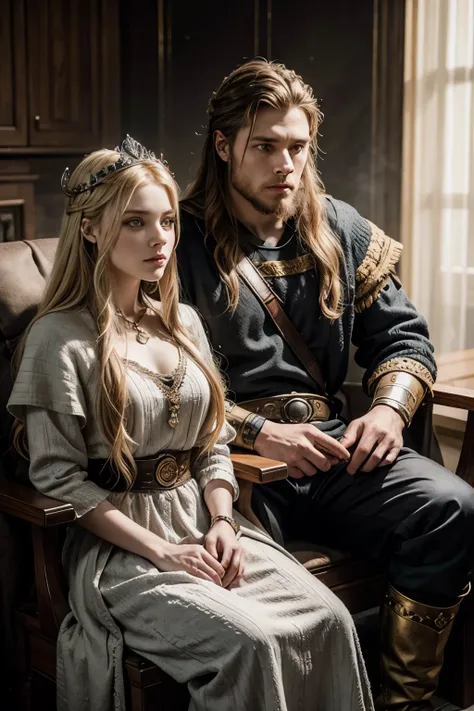 A Viking woman and man sitting on a throne. next to each other