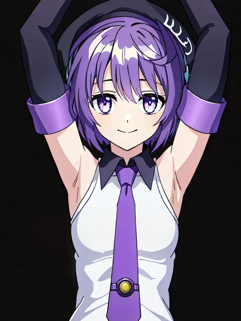 purple beret, (purple necktie:1.3), short hair, purple hair, purple eyes, (small breasts:1.1), (robot_ears:1.3), shirt, (white s...