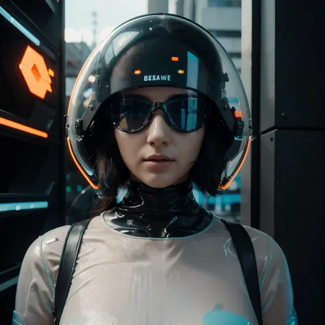 a close up of a woman wearing a futuristic plastic, polymer helmet and goggles ((transparent)), cyberpunk art by Beeple, trending on cgsociety, digital art, style hybrid mix of beeple, futuristic but colorful shading, beeple. hyperrealism, beeple style, cy...