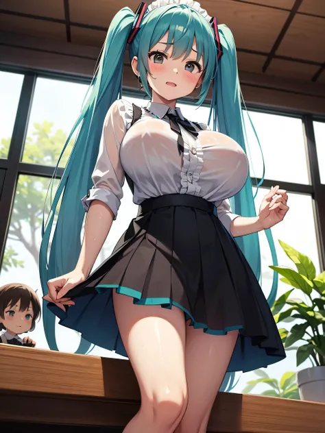 Young Hatsune Miku、girl、独奏、blush、(Huge breasts:1.2)、girl、Kindergarteners、、6 years old、、、be happy、Striped panties、Frills、Long skirt、waitress、Clothes are see-through、From below、Wet clothes、、Sit with your legs apart、Bra showing through over clothes、Flexion an...