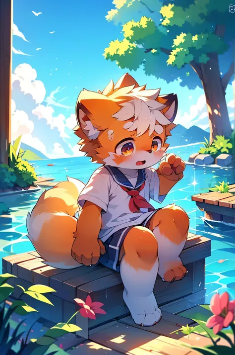 Red Panda Boy,School,student,Ultra-fine,Exact details,4K ultra-vivid,Cute Face,Fluffy fur,Furry,Water Play,swimming,Ocean,Cute art style in anime,(14-year-old boy)sunset,single,Crying alone,Tears from the eyes,A lot of beautiful tears