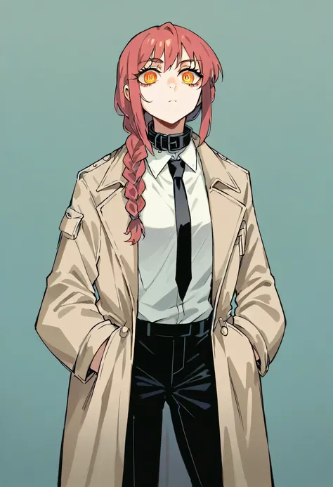 (work of art, best qualityer:1.2), standing alone, 1 girl, fleeing, unexpressive, cloused mouth, looking ahead at viewer, hands in pockets, braided ponytail, surrounded eyes, formal, trench coat, collar shirt, black necktie, black pants