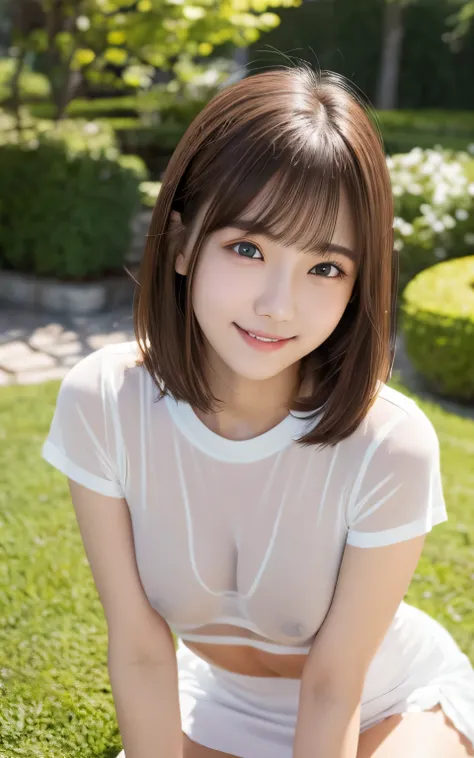 Tabletop, Highest quality, shape, Very detailed, High resolution, 8k wallpaper, Perfect dynamic composition, One Japanese woman,Beautiful and beautiful eyes, Cute eyes,Natural Lip,Bob Hair,Mid-chest,,Full body pose,,white T-shirt,Black miniskirt,(see-throu...