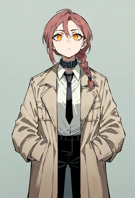 (work of art, best qualityer:1.2), standing alone, 1 girl, fleeing, unexpressive, cloused mouth, looking ahead at viewer, hands in pockets, braided ponytail, surrounded eyes, formal, trench coat, collar shirt, black necktie, black pants