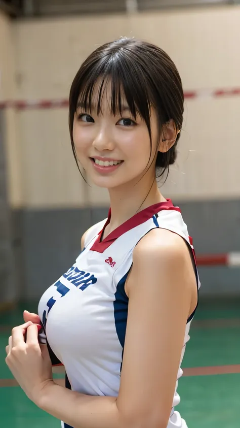 volleyball uniforms、woman、whole body、gym、volleyball court、brown hair、(beauty)、smile、short hair、元気なsmile