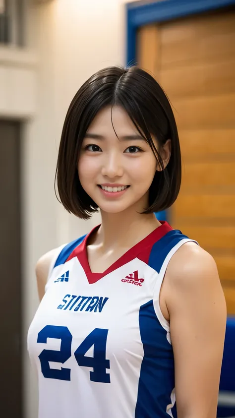 volleyball uniforms、woman、whole body、gym、volleyball court、brown hair、(beauty)、smile、short hair、元気なsmile