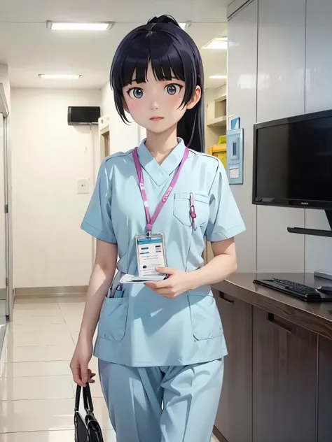 girl, alone, (ruri gokou), ponytail, Medical scrub、Light Blue Club、Female nurse、Hold in hand、Short sleeve、Long trousers, (ID card)、strap、Hospital corridor、Warm lighting、sense of cleanliness