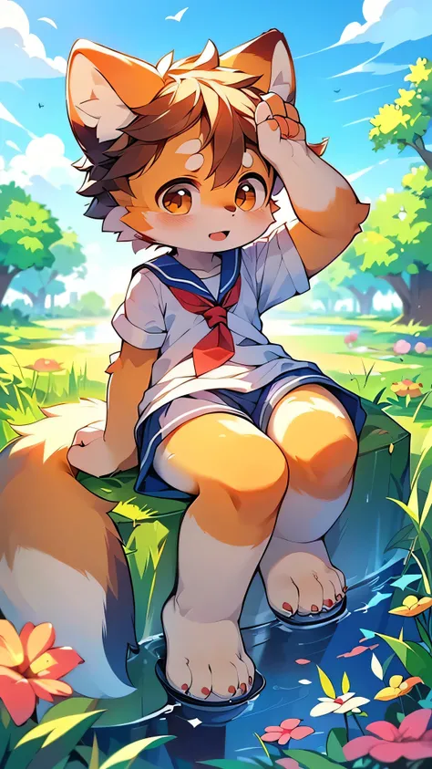 Red Panda Boy,Characteristics of the Sailor Suit,super high quality,Very detailed,High resolution,Cute art style in anime,Rice field scenery,(Cheerful teenager,13 years old:1.3),alone,single,Cute face male