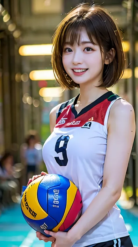 volleyball uniforms、woman、whole body、((gym、volleyball court))、brown hair、(beauty)、smile、short hair、元気なsmile