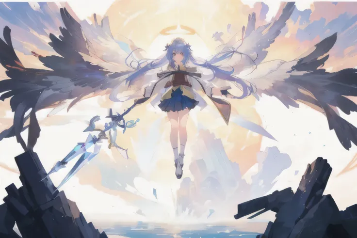 masterpiece, best quality, Ultra-high quality CG, 1 girl, Solitary, Long hair, skirt, Hair between the eyes, Medium breasts, pleated skirt, Open your clothes, hood, Wide sleeves, hood down, staff, robe, White wings, red breath, holiness, white holy garment...