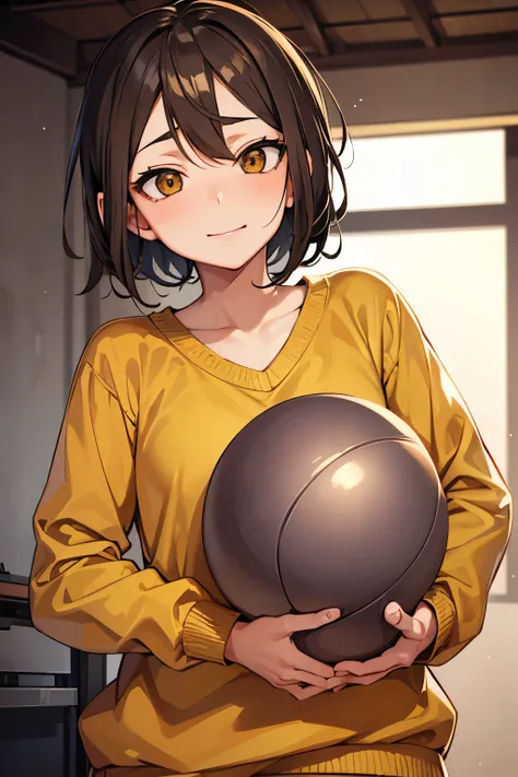 haikyuu anime girl shoulder-length medium gray hair with brown and bangs light brown eyes with long eyelashes and cheerful expre...