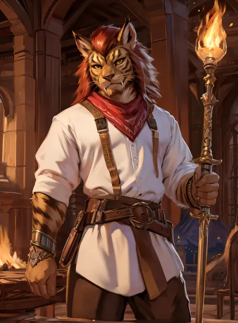 Anthro, feline, hrothgar, fangs, tan fur, long red hair, fantasy, belts across waist, slim, feminine, detailed, by zackary911, by chunie, fantasy, brown cloth around neck, white tunic, grown pants, looking at viewer, half body, yellow feline eyes, final fa...