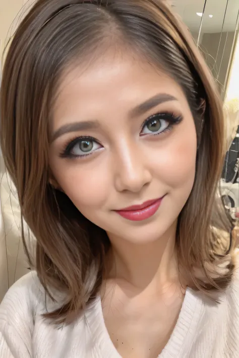 55 years old, (Mature Woman:1.2), Captivating Gaze, Brown eyes, (8k, High resolution,super high quality, Ultra HD,Ultra-realistic,Highest quality), Close-up photo with focus on face, Perfect Makeup、Blue eyeshadow、Dark eyeliner、Glossy dark pink lipstick、(Re...