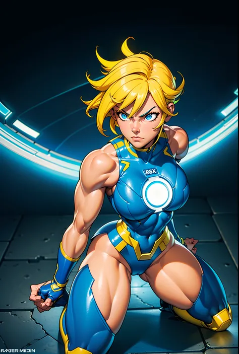 Digital painting of a woman with blue and yellow hair, Superhero, Muscle Girl, Pause, Raise your fist, From above, 1 knee up, Behance Contest Winner, Afrofuturism, Synthwave, neon, glowing neon, Huge saggy breasts,