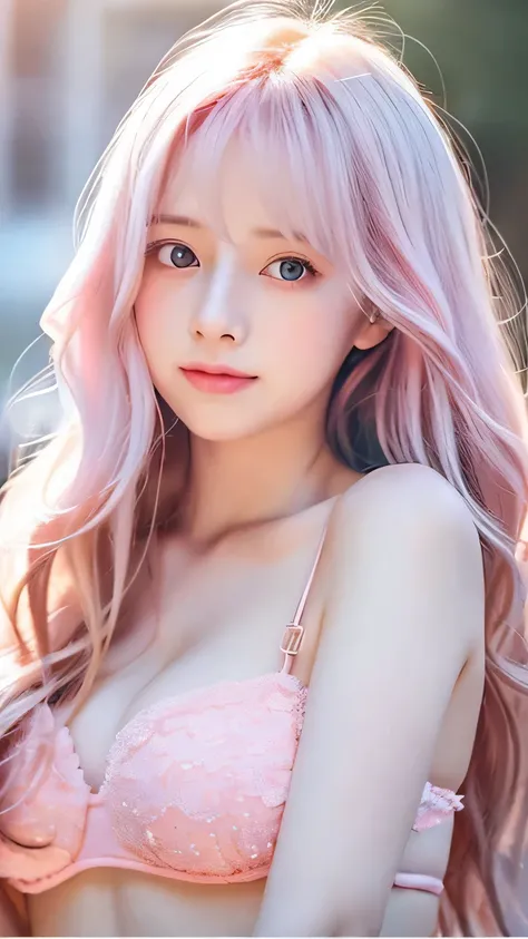 A cute girl, a young cute girl, Long, fluffy light pink hair, Beautiful long fluffy light pink hair, Beautiful pale pink eyes, Sparkling pale pink jewel-like eyes, Blushing. Embarrassed expression, Adorable blush, Pale pink bikini, pale pink dress with lot...