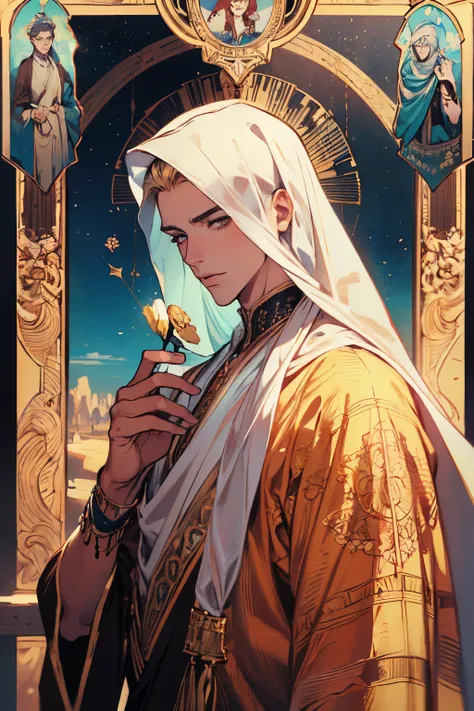 (absurdres, highres, ultra detailed), 1 male, adult, handsome, tall muscular guy, broad shoulders, finely detailed eyes and detailed face, the fool tarot, desert, camel, middle eastern clothes, Symbolism, Visual art, Occult, Universal, Vision casting, Phil...