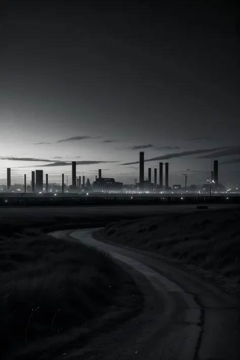 Black and white landscape, with very little light. Set in an industrial city.