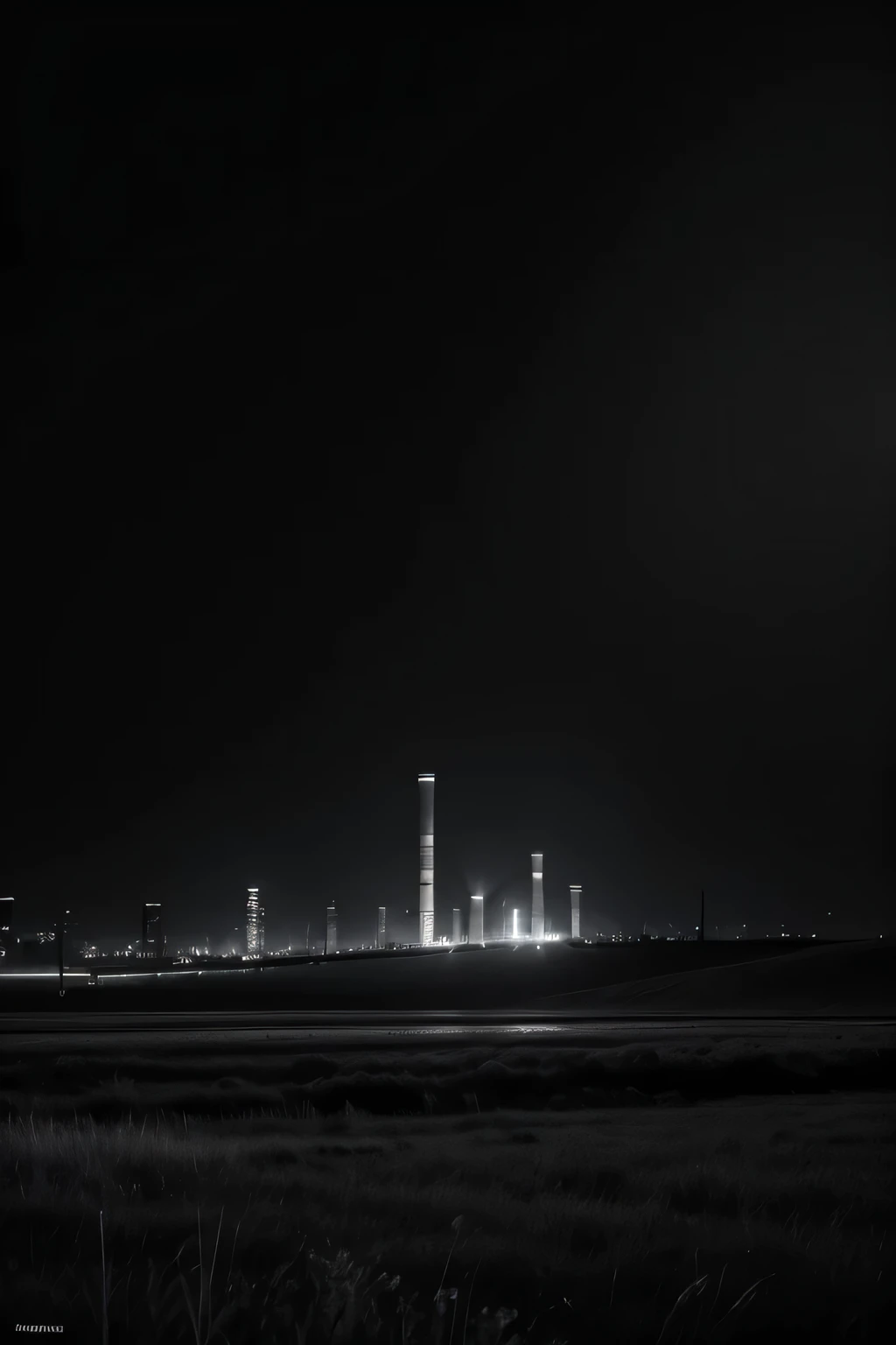 Black and white landscape, with very little light. Set in an industrial city.