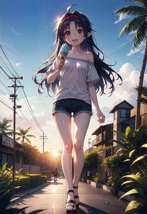 yuukikonno, Yuuki Konno, , Long Hair, Pointed Ears, Purple Hair, Ahoge,(Red eyes:1.5), (Small breasts:1.2), hair band,Oversized one-shoulder shirt,Short sleeve,Shorts,Heeled Sandals,Walking,Daytime,Clear skies,Holding and eating ice cream with both hands,h...