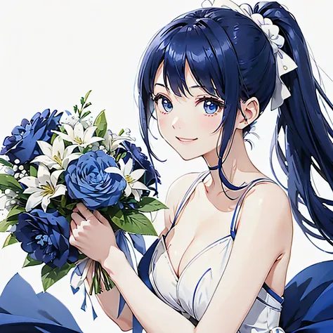 (Blue bouquet、A girl with dark blue hair、Evening Dresses、High knot ponytail、Happy smile)、(Simple Background、White background:1.6)