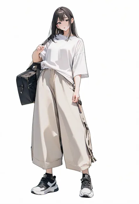 (best, highest resolution: 1.2, 8k), center, full body, adult female, only one person, shirt, wide pants, simple sneakers, simpl...