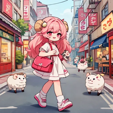 An anime-style illustration of ‘Fua-chan’ going out to eat. Fua-chan has distinctive features: long pink hair styled in soft curls resembling sheep’s horns, and pink eyes. She is depicted walking down a lively street with a cheerful and excited expression,...