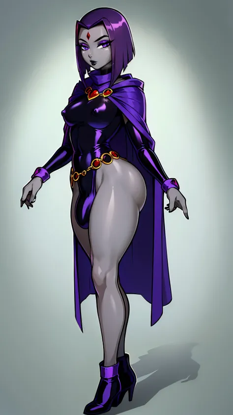 (solo:1.1),(masterpiece), (best quality:1.3), ultra detailed, intricate, professional art, digital art, absurdres, shadraven, (Full body view:1.1), 1girl, solo, (grey skin:1.4), dark purple hair, bob hair, dark purple eyes, hips wider than shoulders, pear ...