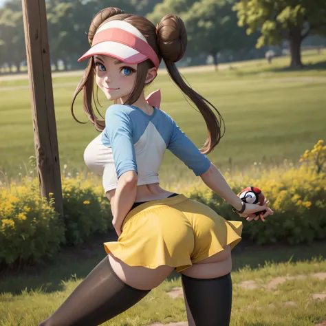 masterpiece, best quality, high resolution, ro1, hair bun, blue eyes, twintails, cap with visor, tights, raglan sleeves, yellow shorts, shirt, pink bow, wrist watch, standing, cowboy shot , field, (basic) pokeball, smile, perfect body, thin waist, perfect ...