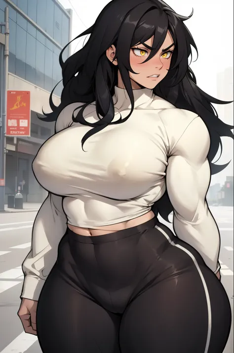 1girl solo black hair yellow eyes very long hair pale skin muscular muscular muscular muscular toned body huge muscles thick thighs girl tight clothes angry blushing messy hair leggings tight shirt long sleeves thick thick thick thick thick thick