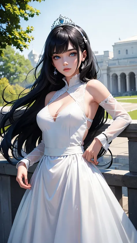 A beautiful young princess with black hair and blue eyes., she is wearing her beautiful long white dress