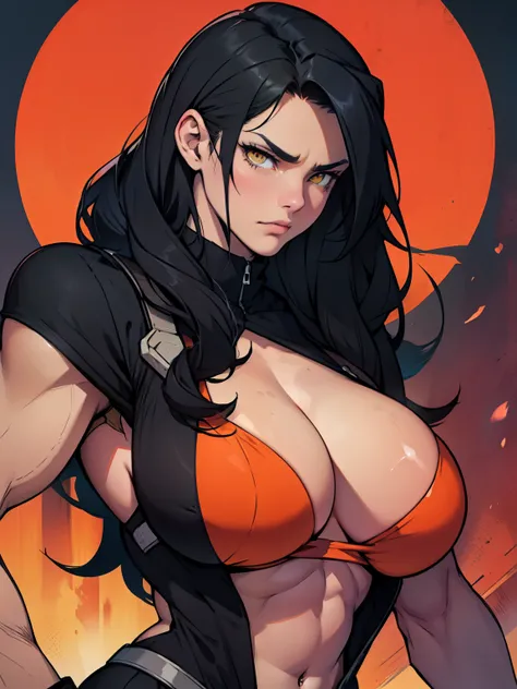 sad pale muscular girl massive breasts hair black hair yellow eyes extremely long hair sad