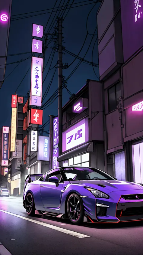 Purple colored Nissan Gt-R with purple neons underneath in a Japanese city