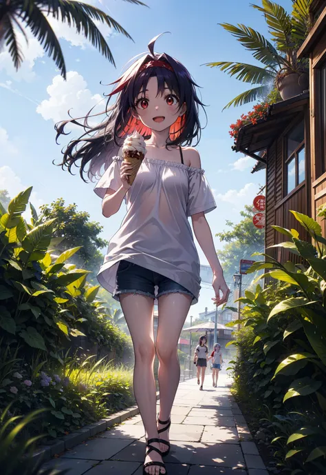 yuukikonno, Yuuki Konno, , Long Hair, Pointed Ears, Purple Hair, Ahoge,(Red eyes:1.5), (Small breasts:1.2), hair band,Oversized one-shoulder shirt,Short sleeve,Shorts,Heeled Sandals,Walking,Daytime,Clear skies,Holding and eating ice cream with both hands,h...